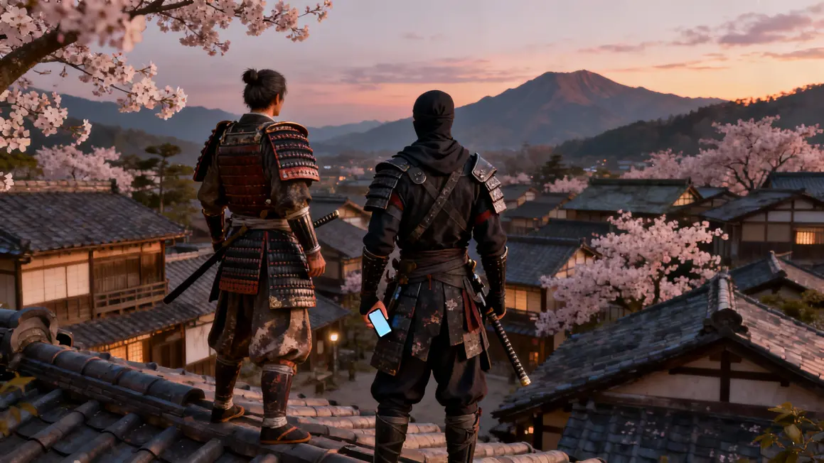 Samouraï et shinobi sur les toits village japonais Assassin’s Creed Shadows Switch 2