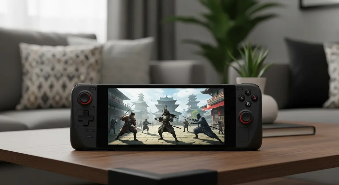 Console portable affichant Assassin’s Creed Shadows Japon féodal ambiance salon