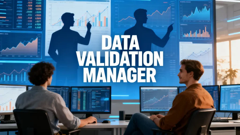 Salle de contrôle futuriste, data validation manager, écrans avec données