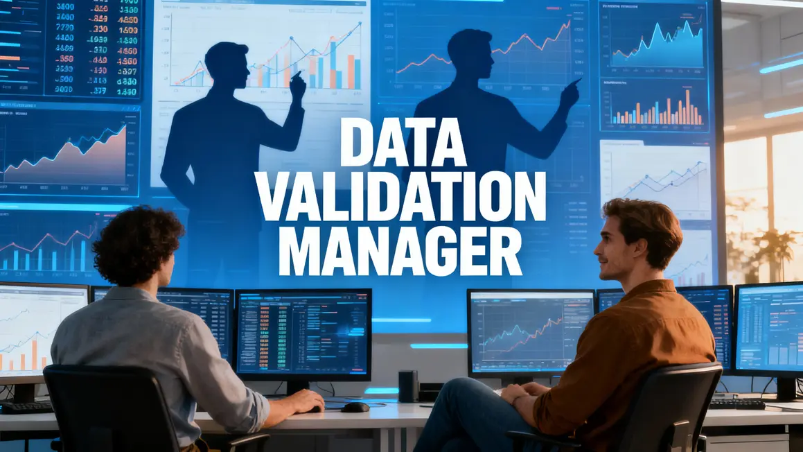Salle de contrôle futuriste, data validation manager, écrans avec données