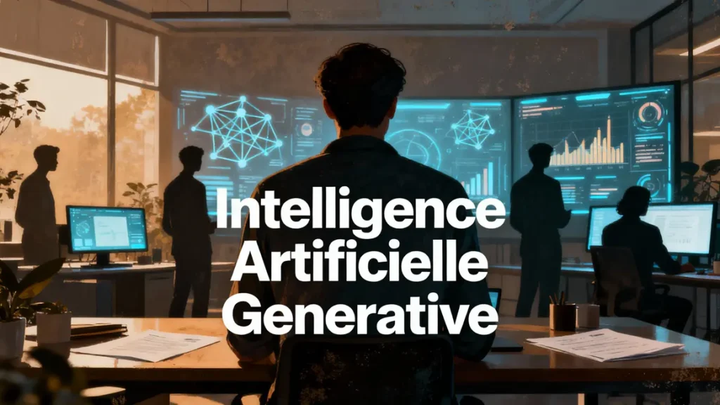 Bureau moderne, écrans lumineux, professionnels, intelligence artificielle générative