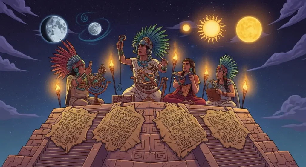 mages maya sommet pyramide observant lune soleil étoilés
