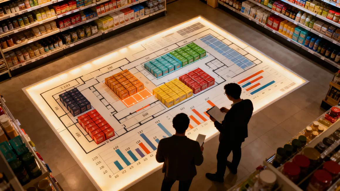 Merchandising gestion, rayonnages organises et donnees point de vente