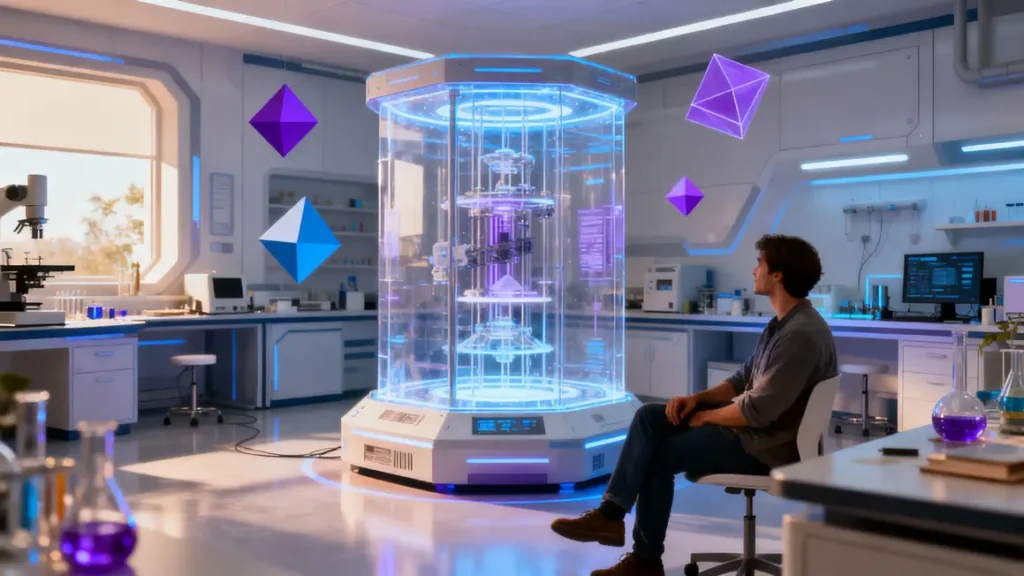 Ordinateur quantique lumineux dans laboratoire futuriste atmosphère révolution tech