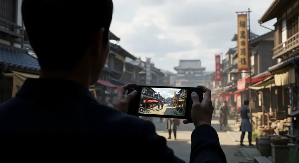 joueur avec console switch 2 devant ville japonaise