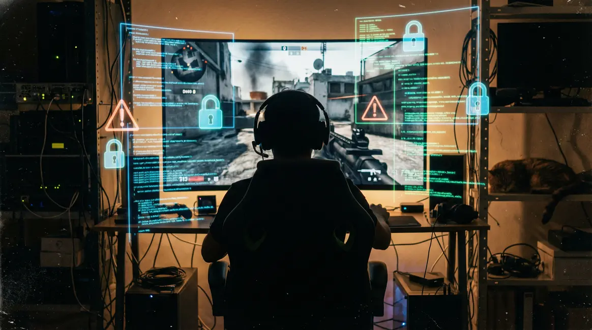 Joueur vigilant devant Battlefield 6 et symboles piratage