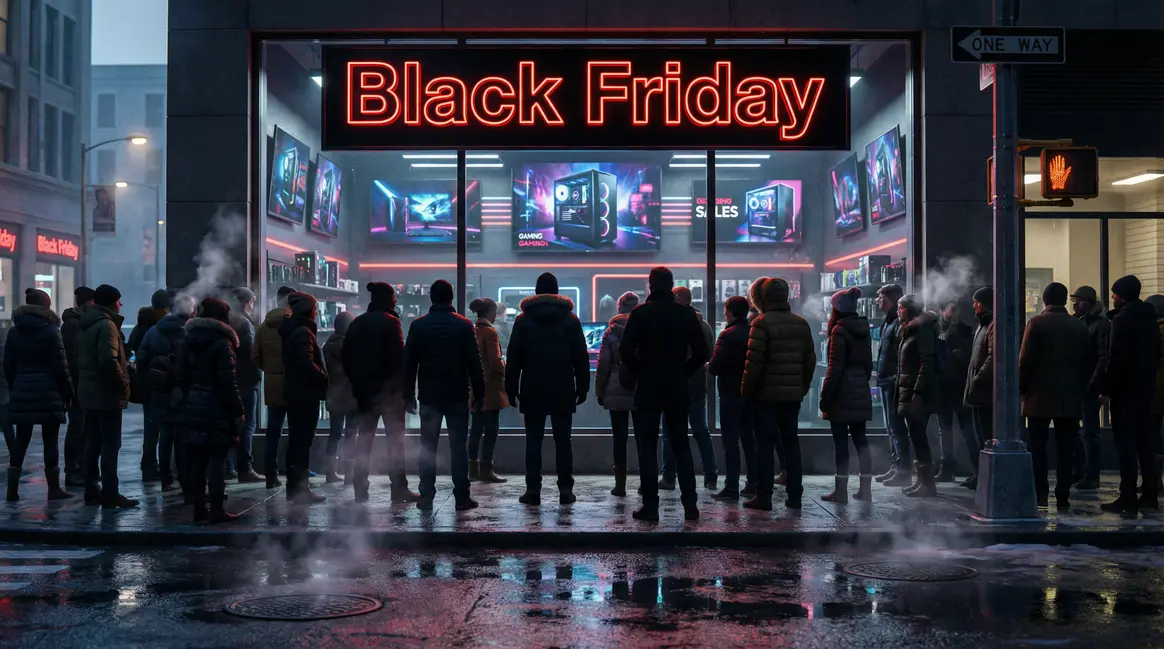 Foule devant vitrine PC gaming Black Friday, achat urgent