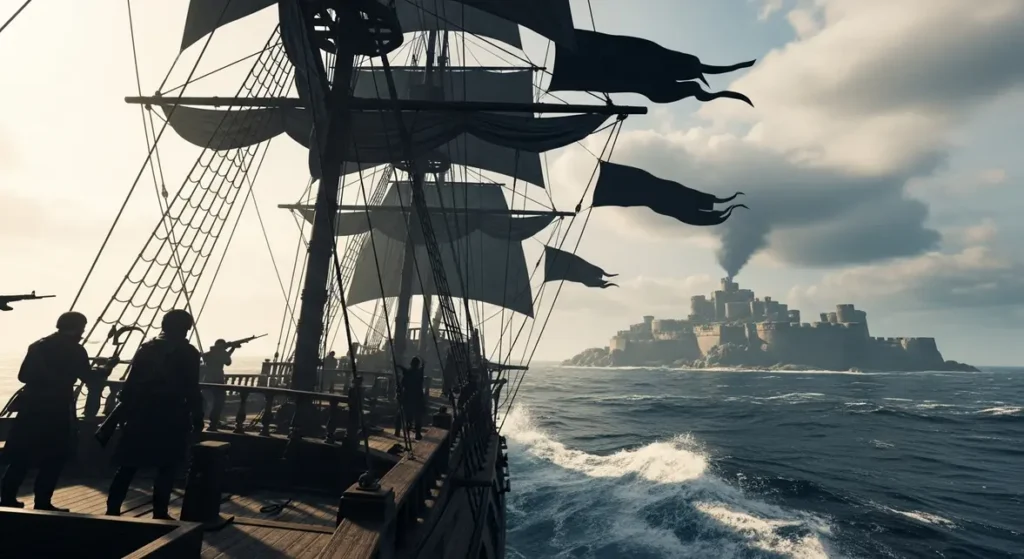 Navire pirate Black Sails sous ciel orageux sur Netflix