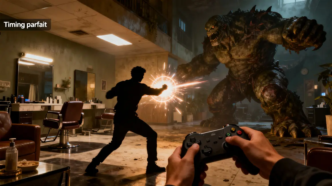 Combat stylisé boss jeu vidéo timing parfait