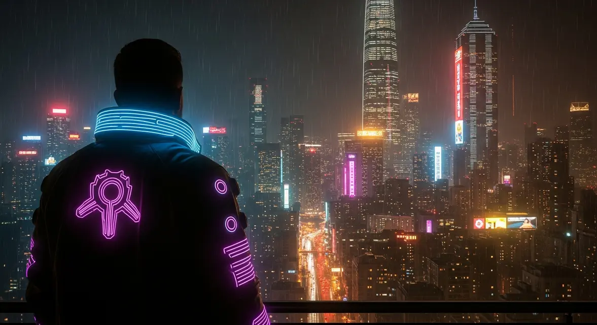Ville futuriste avec néons et silhouette cyberpunk