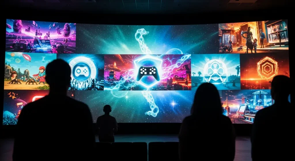 Scène joueurs devant écran univers Roblox cinéma