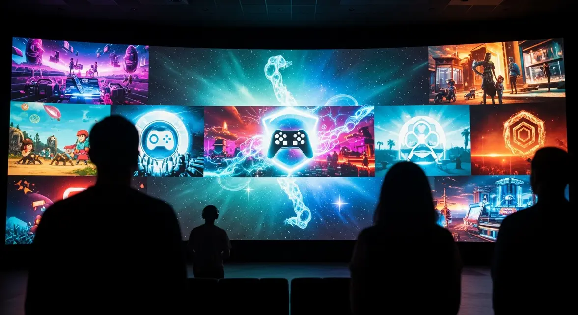 Scène joueurs devant écran univers Roblox cinéma
