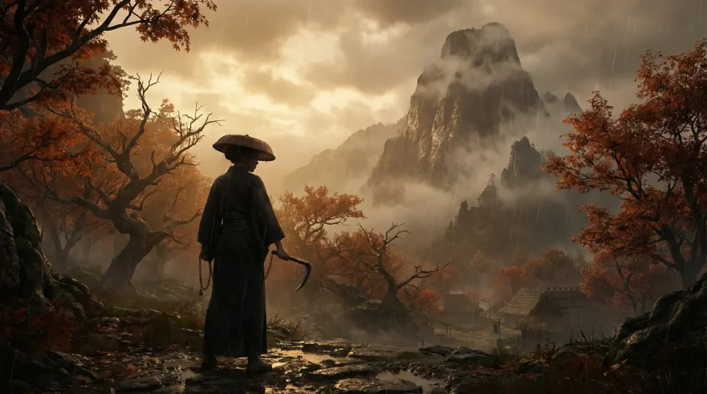 Ghost of Yōtei héroïne chaîne faucille devant montagne