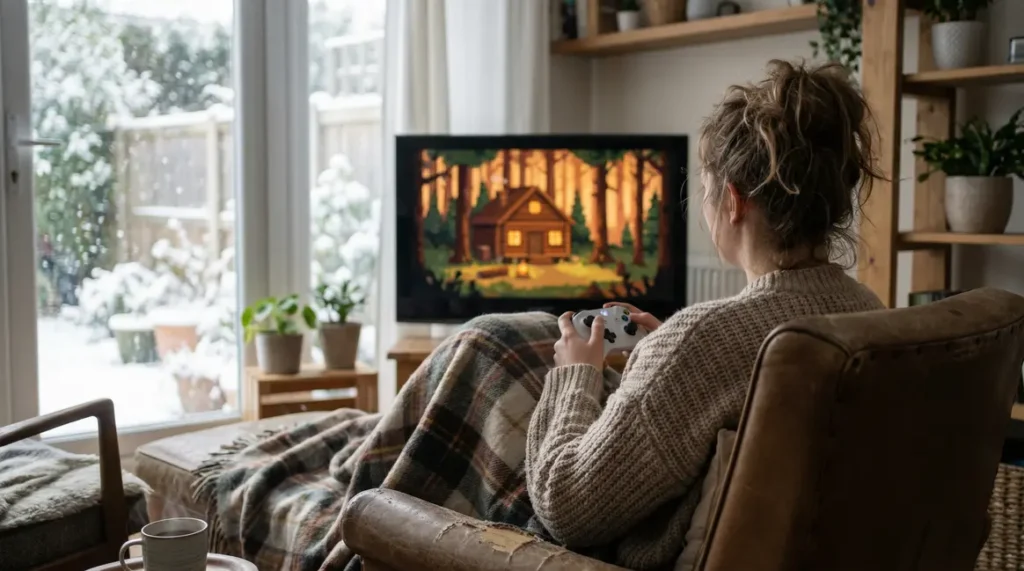 Femme sous plaid jouant console ambiance cosy hiver