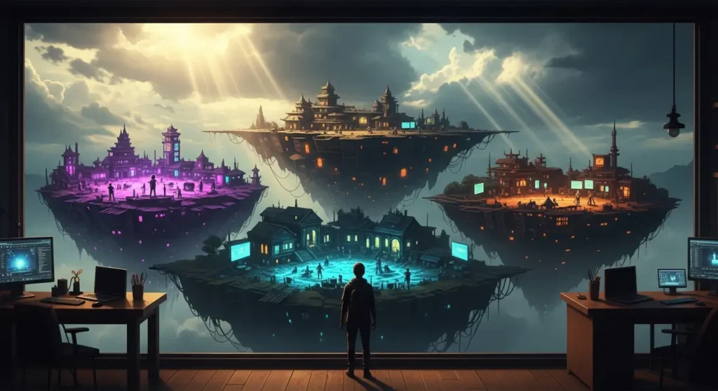 Silhouette joueur devant mondes fictifs couleurs vives MMORPG