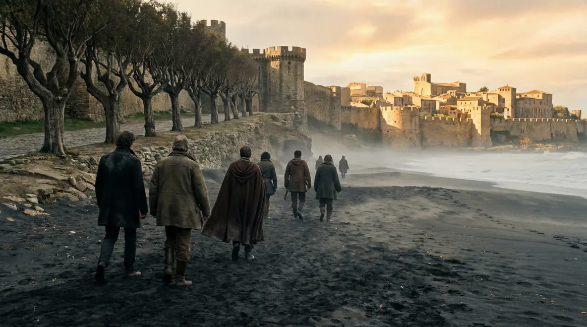 Scène plage noire et ville médiévale, lieux de tournage séries