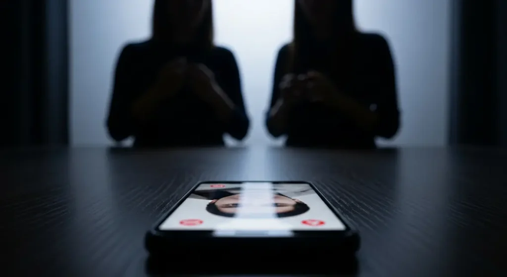 mobile sur table affichant visage floute alerte