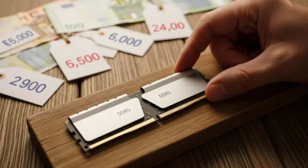 Une main pose une barrette RAM DDR5 neuve avec euros et prix eleves