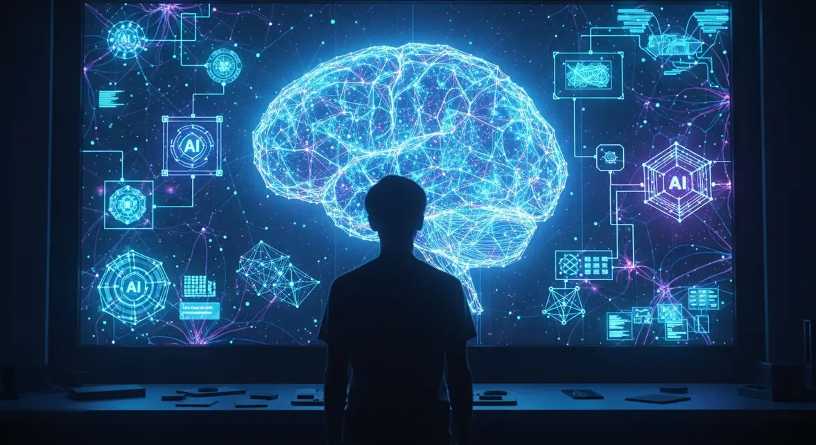 Silhouette adolescent prompt engineer devant cerveau digital IA