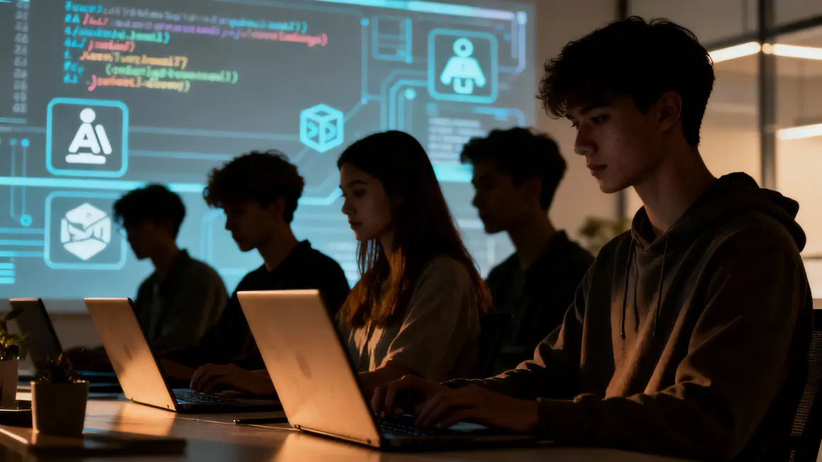 Jeunes prompt engineers ordinateurs code IA