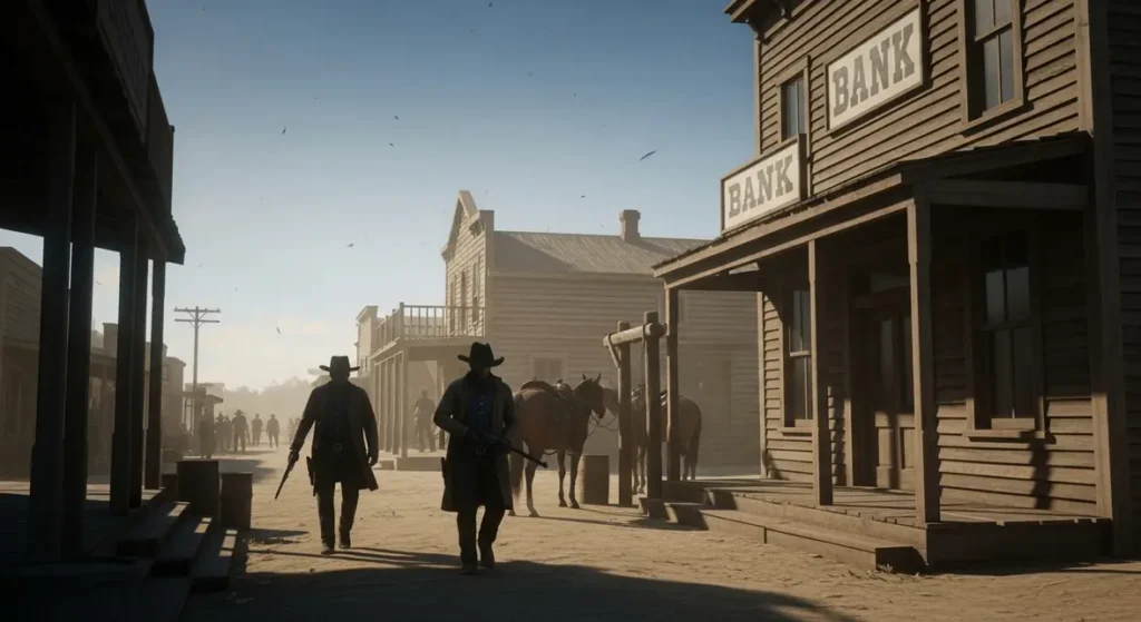 Scène de braquage banque dans Red Dead Redemption 2 Far West