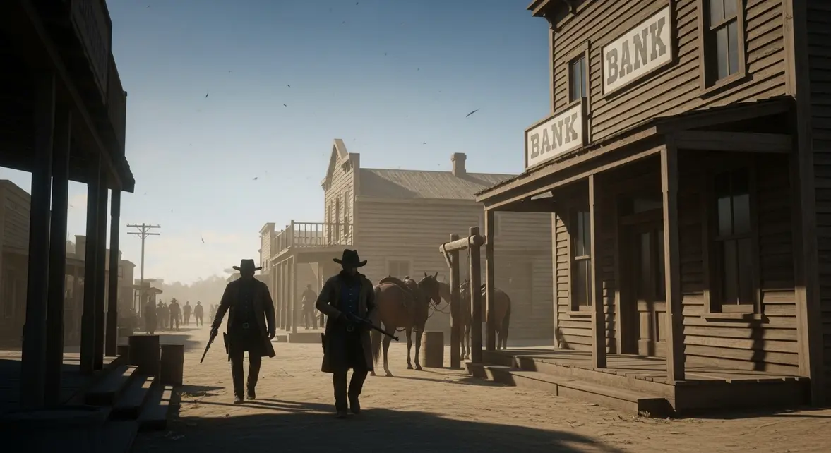 Scène de braquage banque dans Red Dead Redemption 2 Far West
