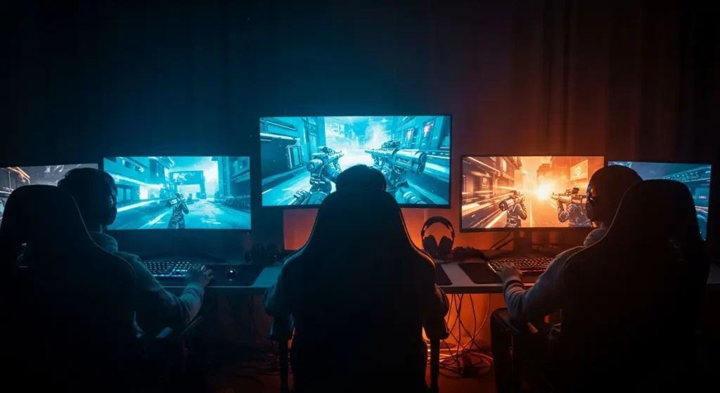 Salon moderne, écrans combat jeux tir, ambiance intense