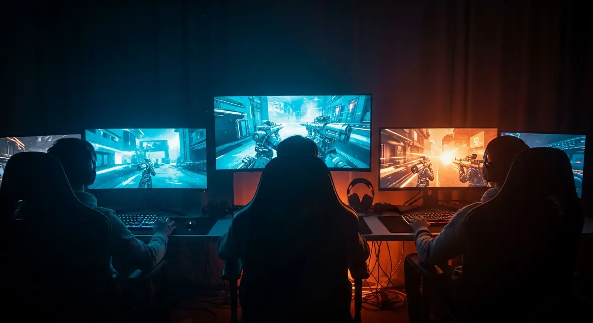 Salon moderne, écrans combat jeux tir, ambiance intense