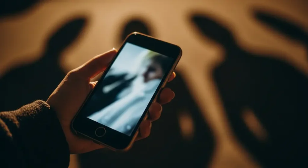 Main feminine tient smartphone avec image deepfake sombre
