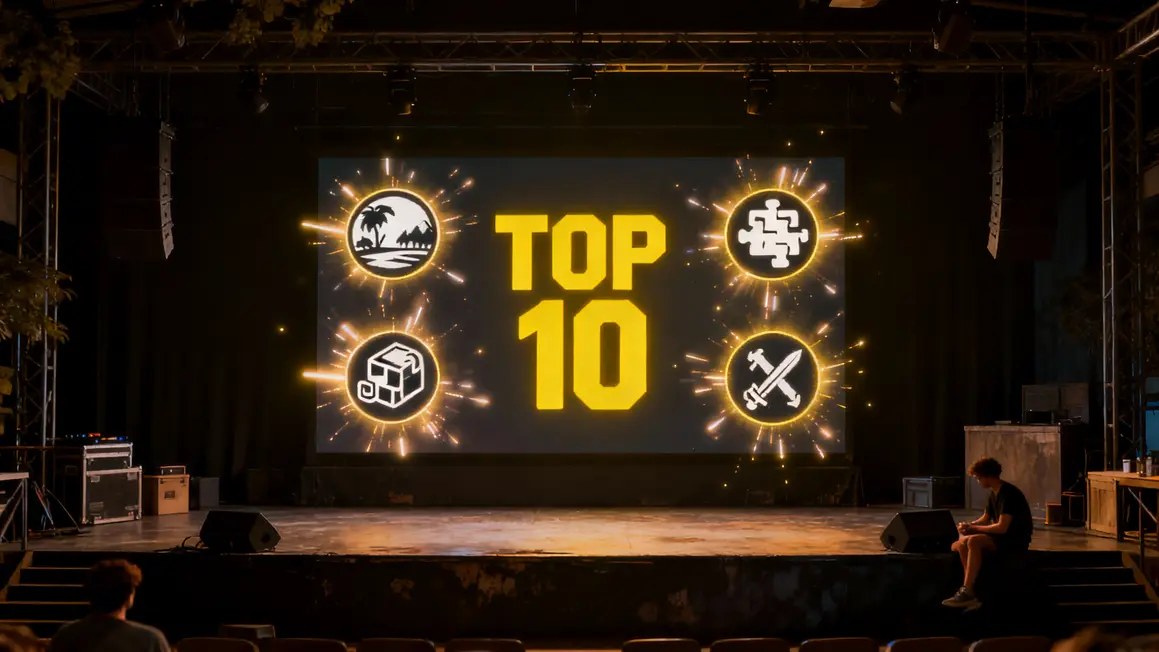 ecran scene sombre affichant top 10 jeux video pictogrammes lumineux