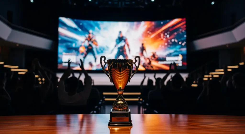 Trophée doré devant écran trailer GTA 6 Golden Joystick