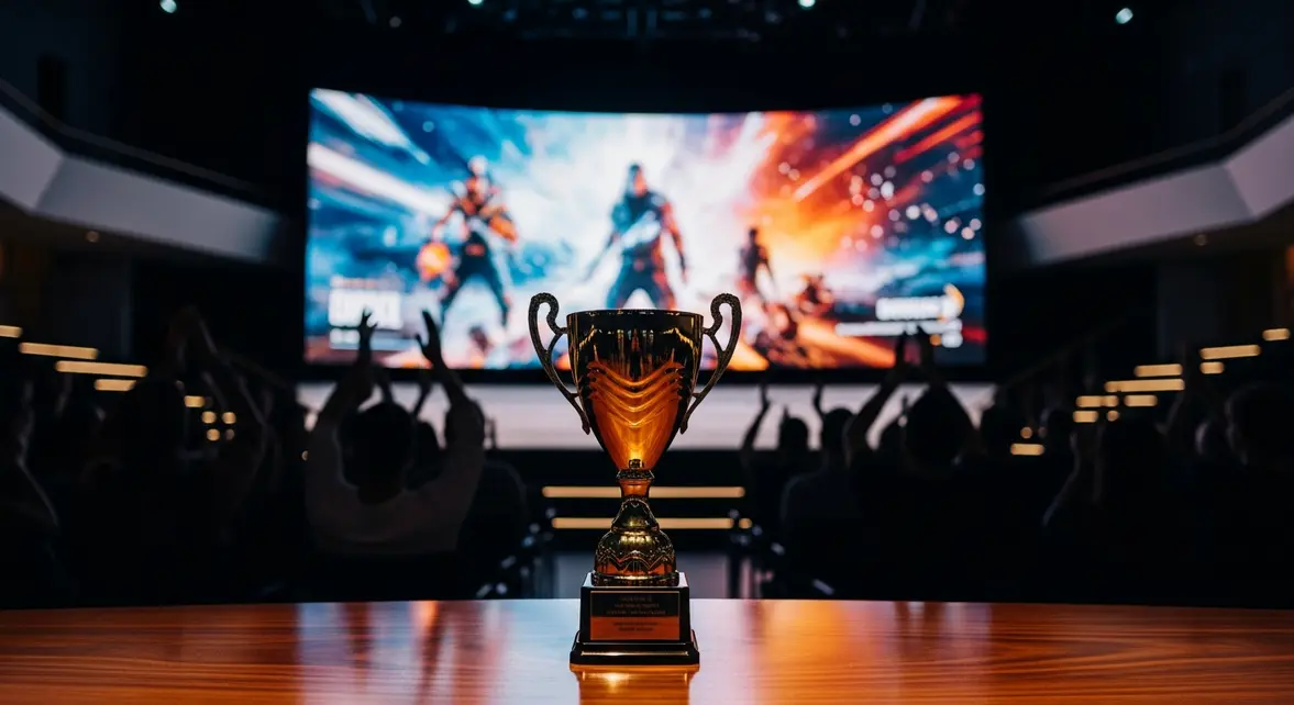 Trophée doré devant écran trailer GTA 6 Golden Joystick