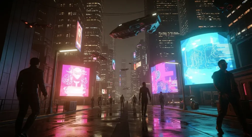 Image ville cyberpunk nocturne avec néons et pluie