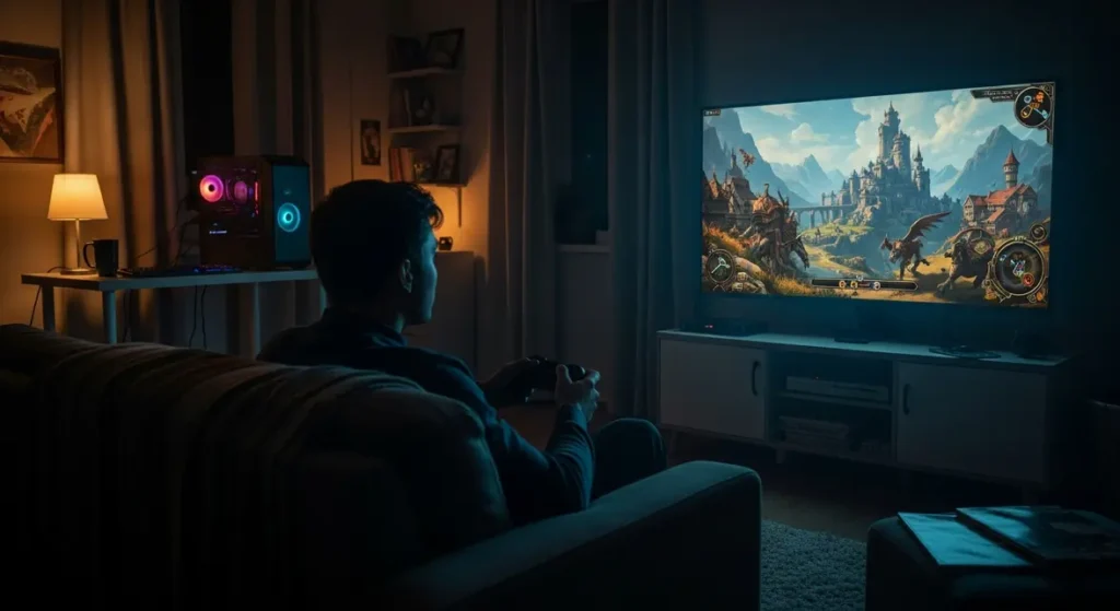 Salon sombre, joueur attend console WoW