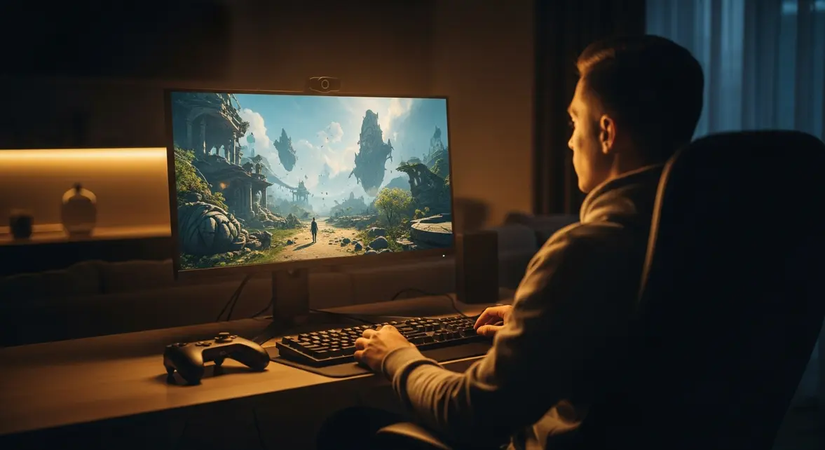 Joueur avec manette console pose pres du clavier pour World of Warcraft