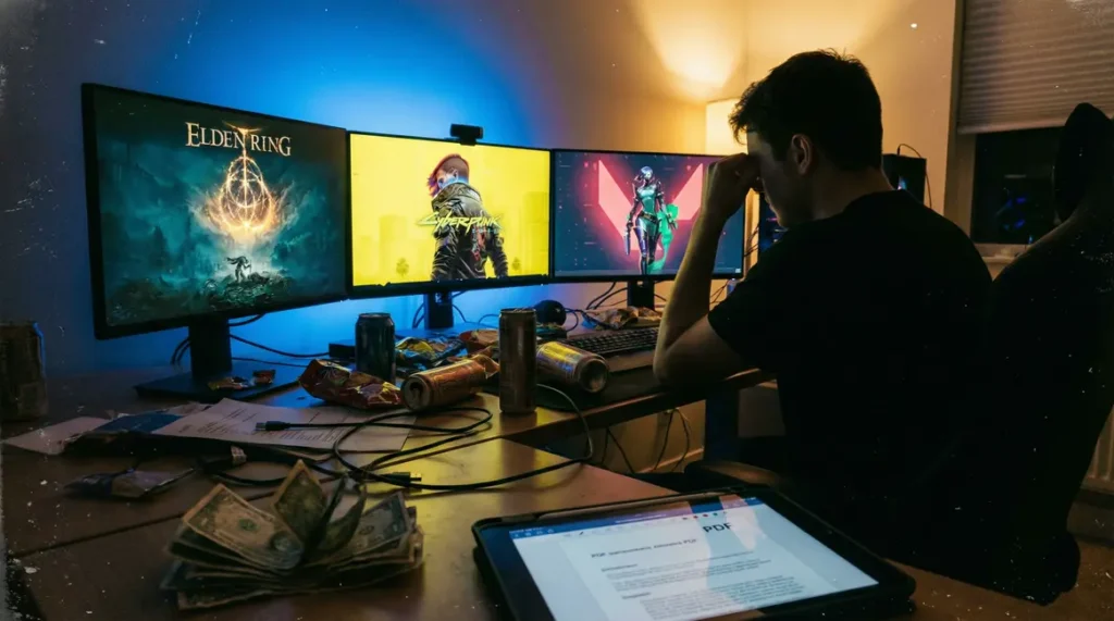 bureau gamer avec facture et écrans lumière bleue