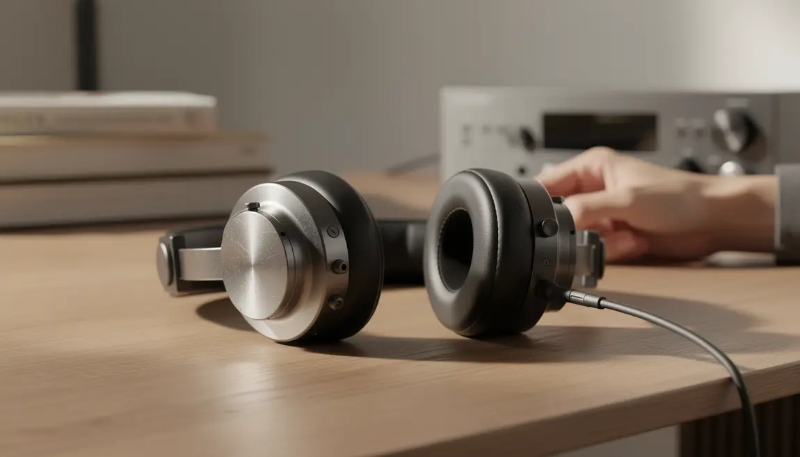 Casque audio premium posé sur table, ambiance audiophile