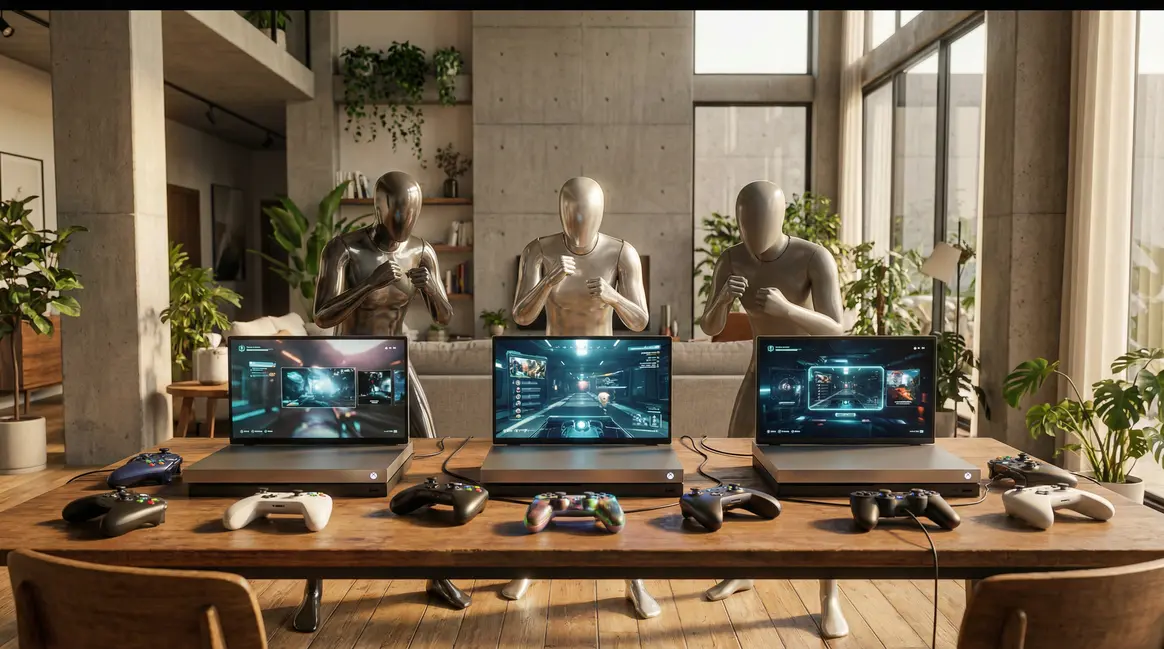 Trois consoles hybrides Switch 2 PS6 Atari côte à côte sur une table