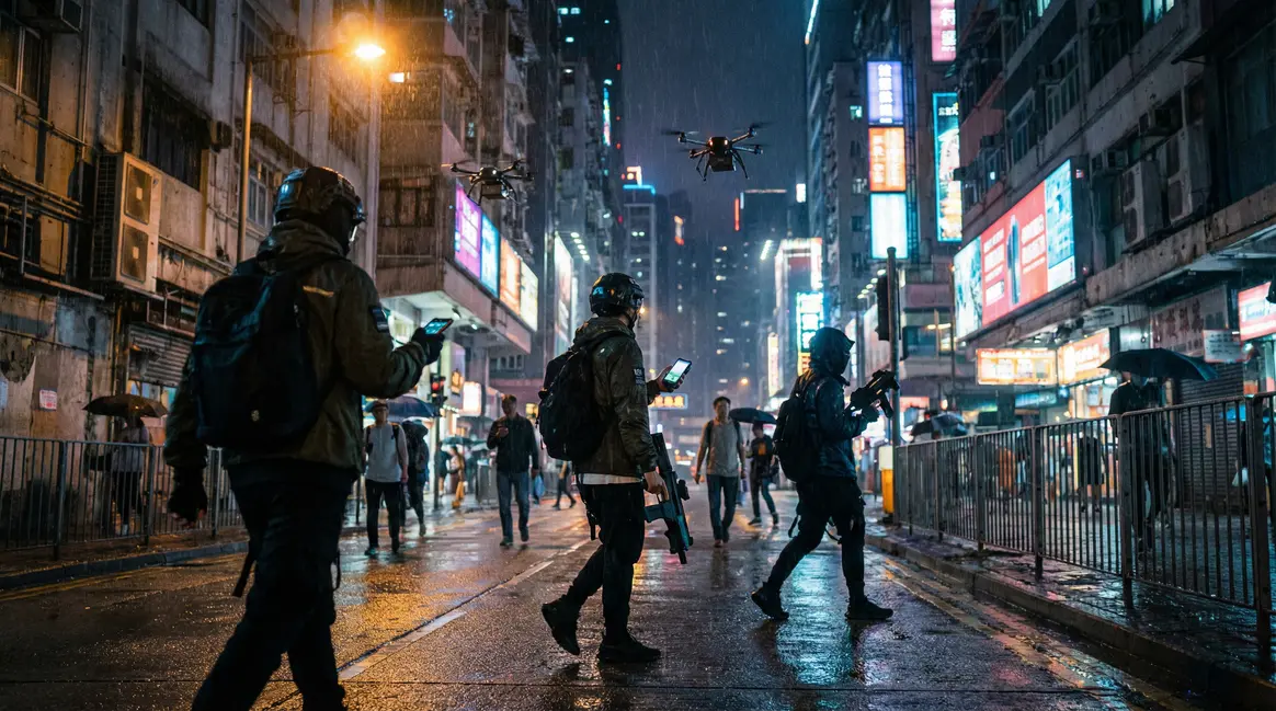 ville futuriste neon cyberpunk 2077 arena breakout pluie joueurs