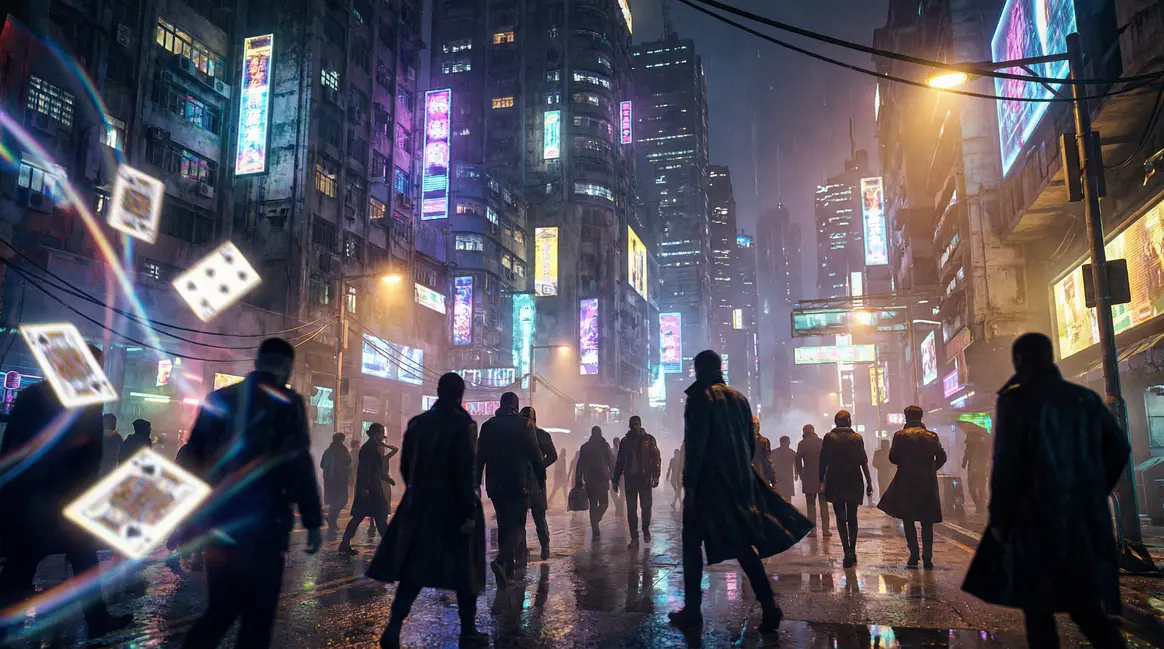 Vue urbaine cyberpunk avec cartes à jouer volantes
