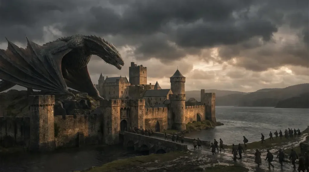 Dragon gigantesque sur chateau medieval sous ciel orageux