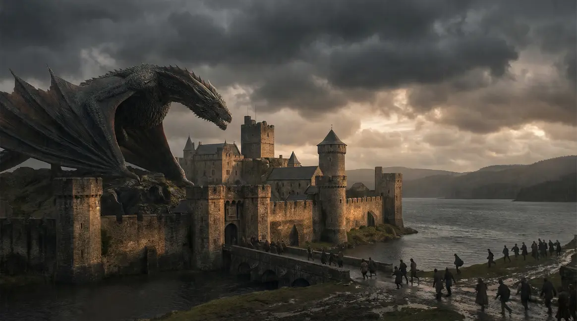 Dragon gigantesque sur chateau medieval sous ciel orageux