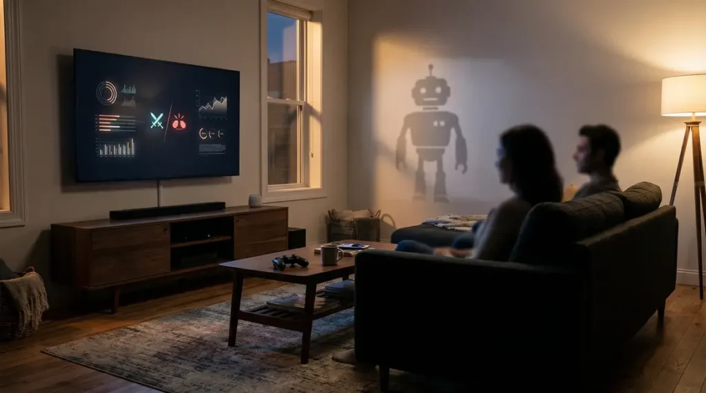 Salon gaming Xbox avec robot IA et graphiques de données