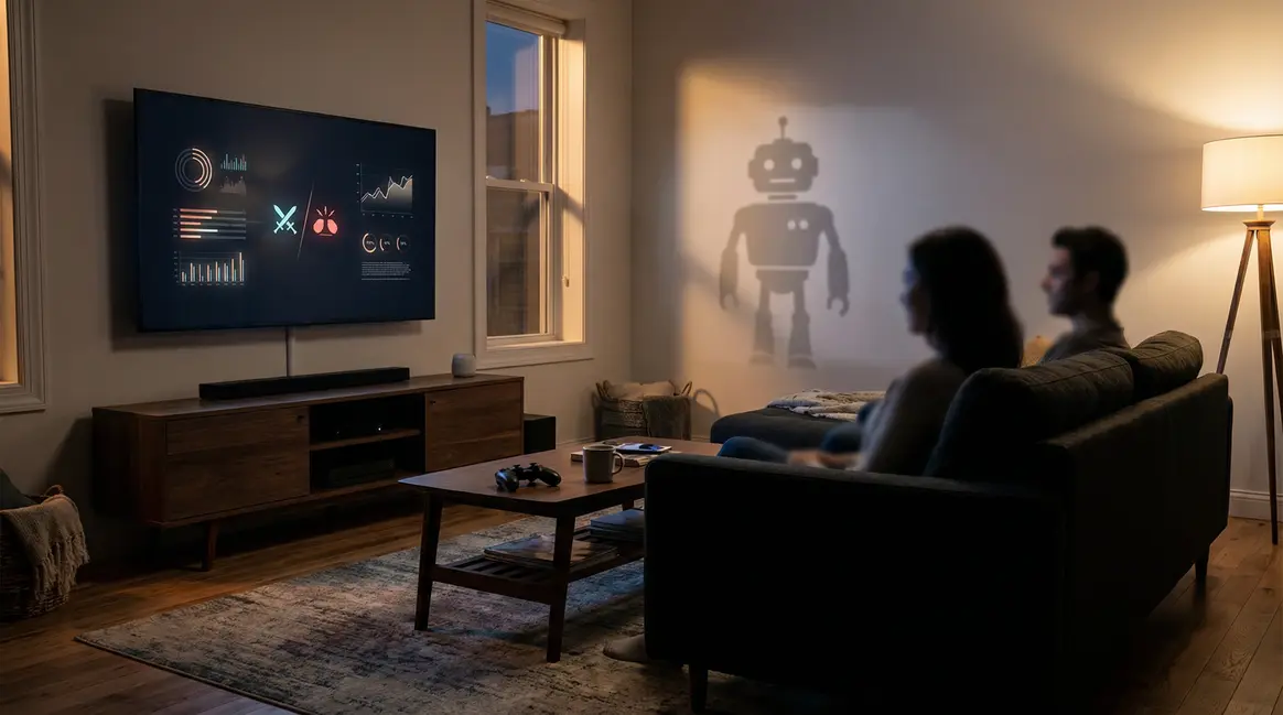 Salon gaming Xbox avec robot IA et graphiques de données