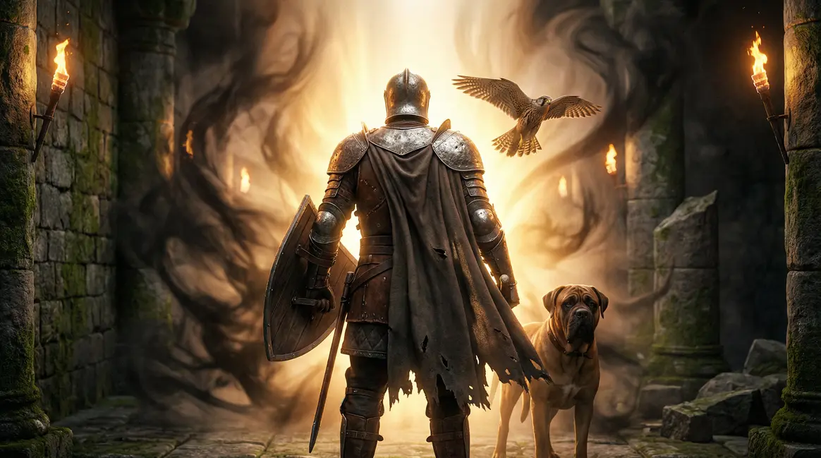Paladin auradin avance dans un donjon avec aura lumineuse et compagnons animaux