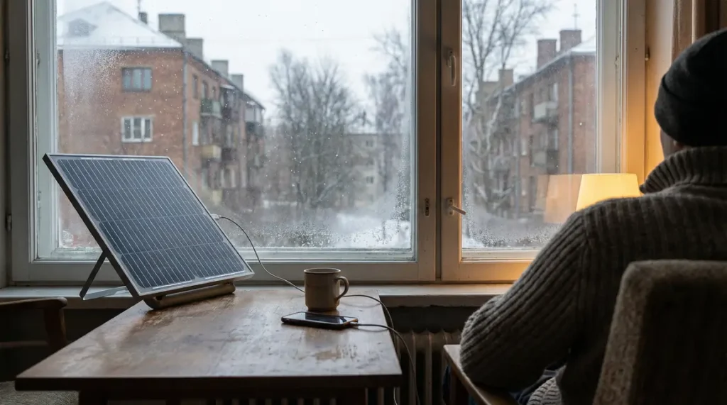 panneau solaire portable en hiver derriere verre urbain smartphone