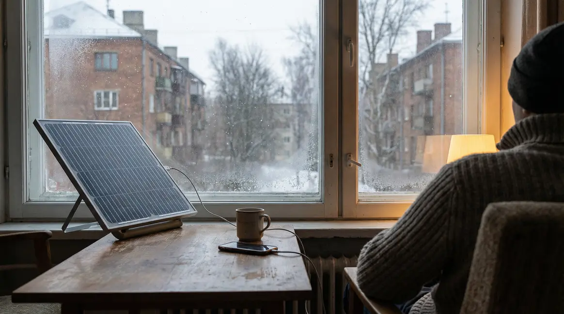 panneau solaire portable en hiver derriere verre urbain smartphone