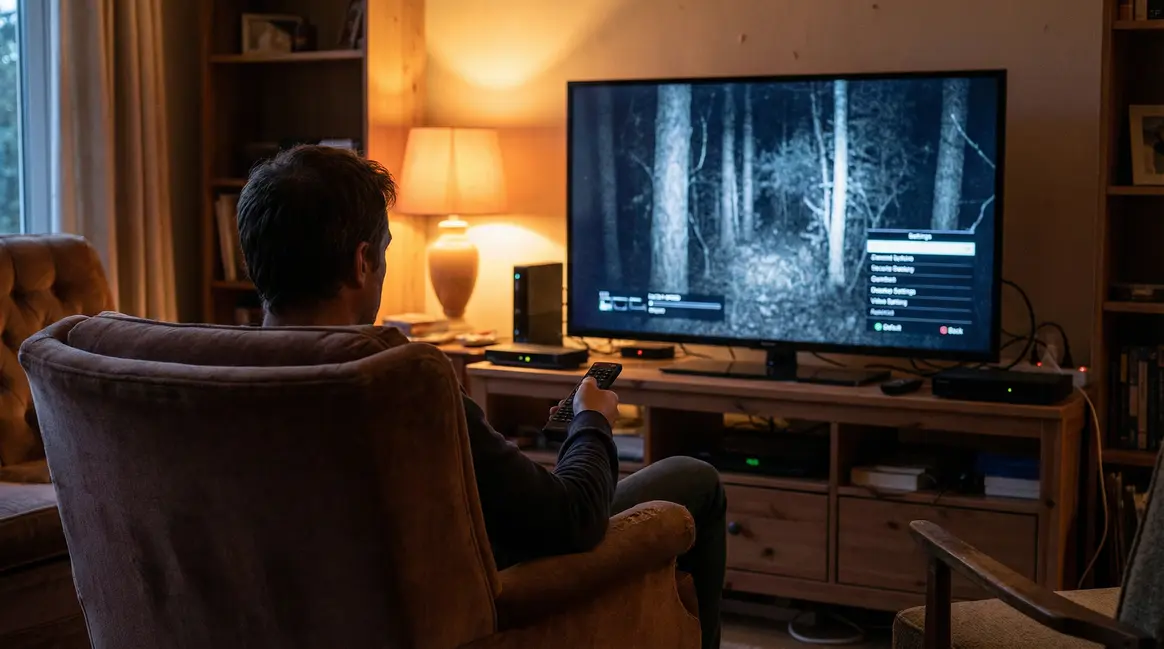 Salon sombre avec TV Stranger Things et réglages affichés