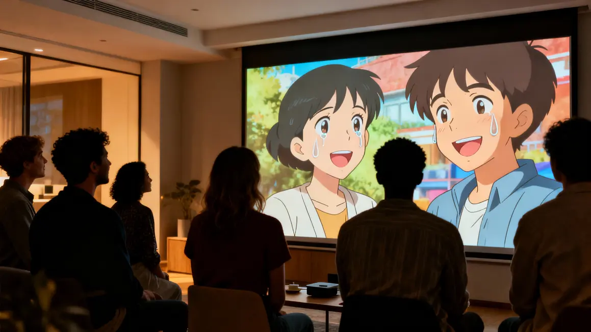 Groupe partage émotion devant écran anime