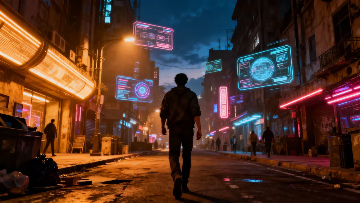 personnage dos néons architecture futuriste sci fi